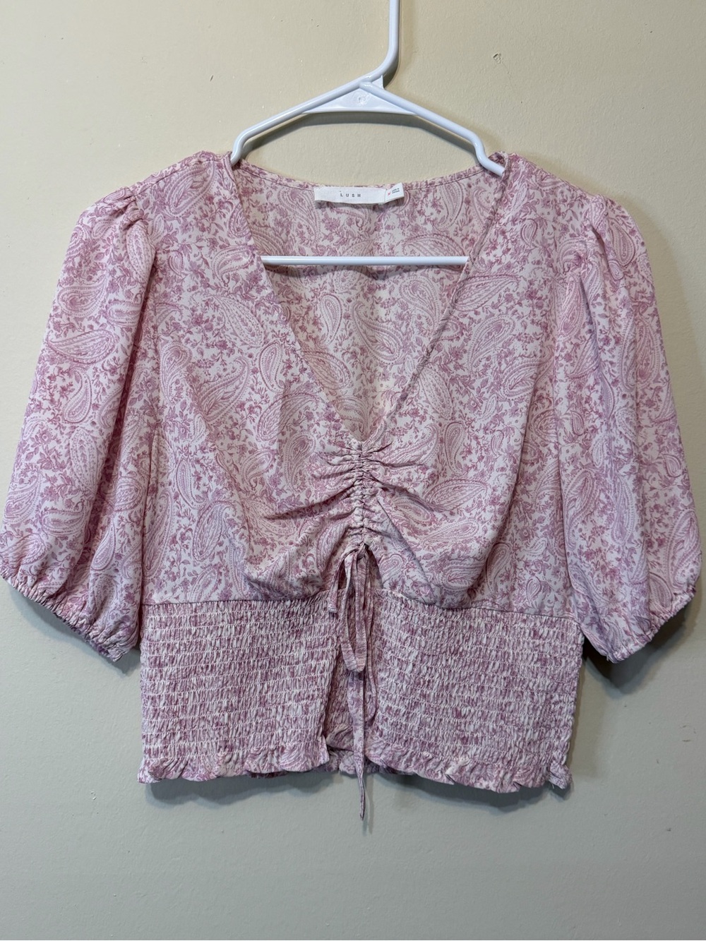 Lush Moda Pink Paisley Ruched Smocked Crop Top 2471